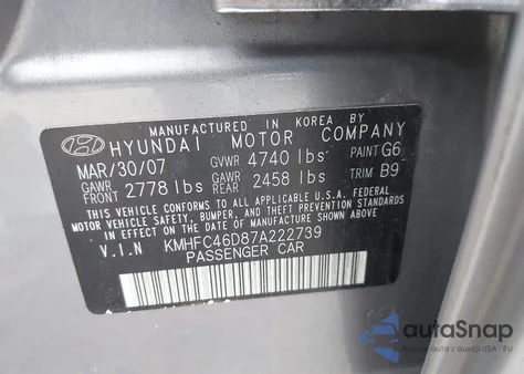 2007 Hyundai Azera Gls z USA, uszkodzony, nr VIN KMHFC46D87A222739